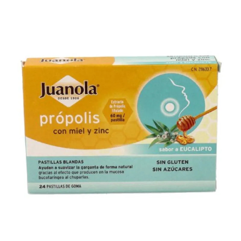 Juanola Propolis Honey & Zinc 24 Gum Lozenges Eucalyptus Flavor